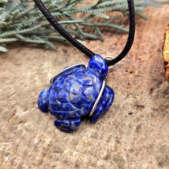 Nature Lapis Lazuli Carved Cute Turtle Wire Wrapped Pendant Necklace - Picture 8 of 10